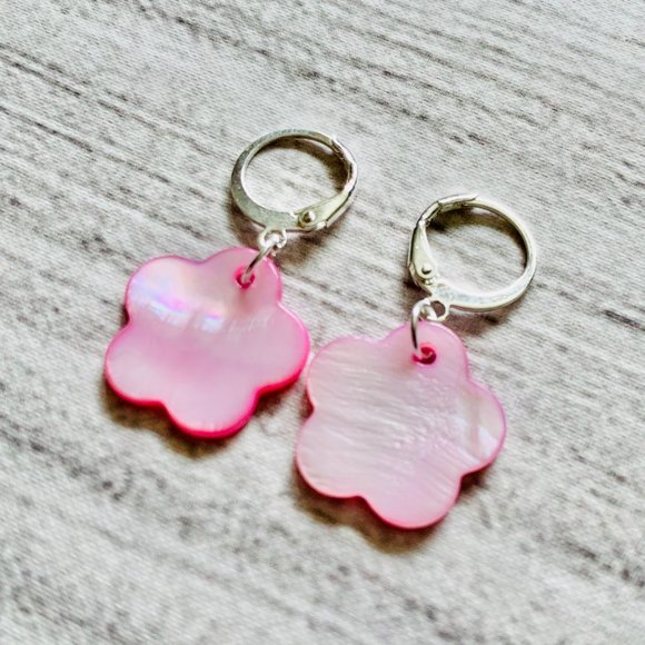 Pink Mother of Pearl Shell & Flower Hoop Earrings - Picture 1 of 5